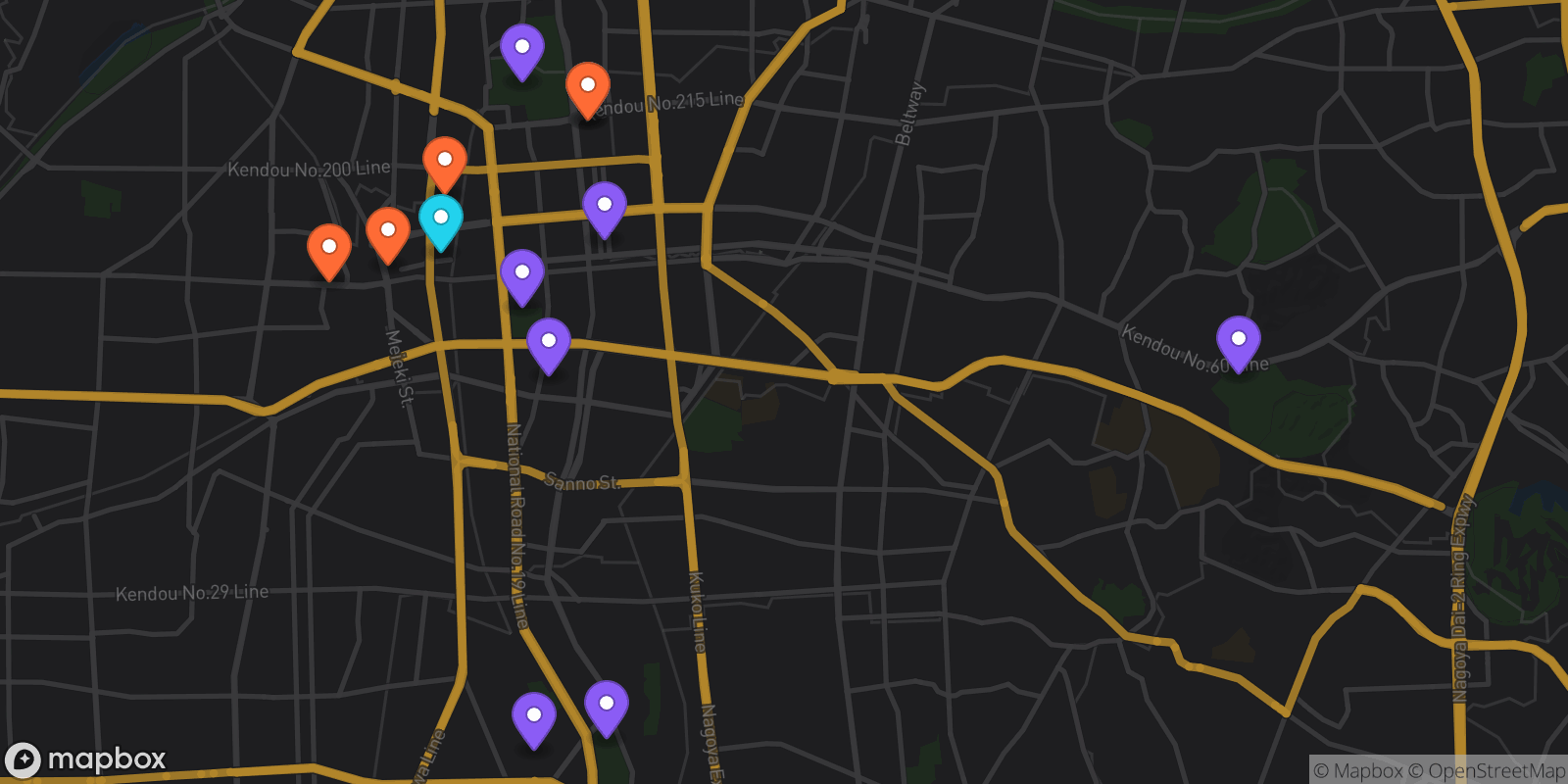 Map showing 13 locations