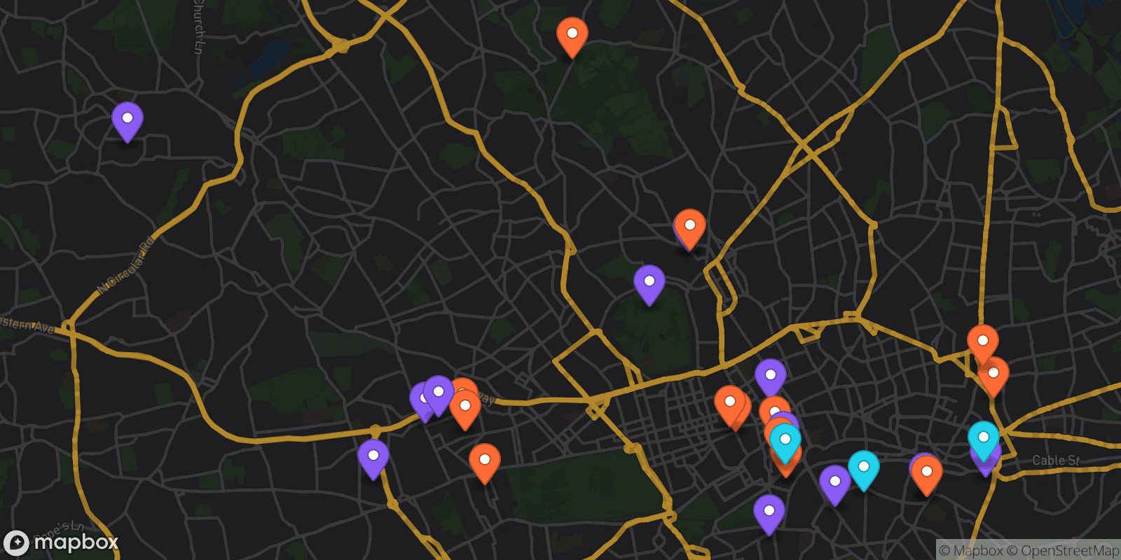 Map showing 28 locations