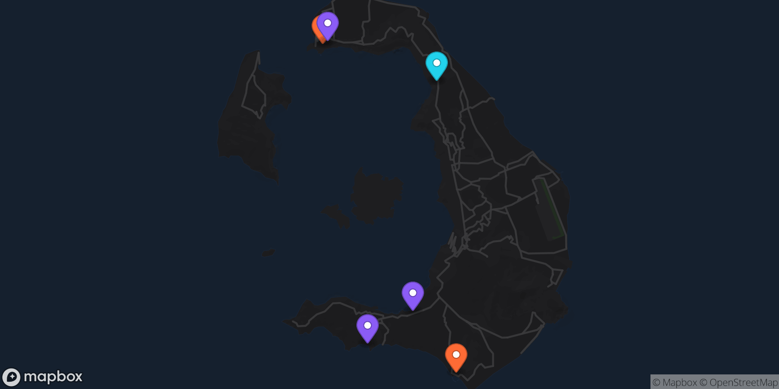 Map showing 6 locations