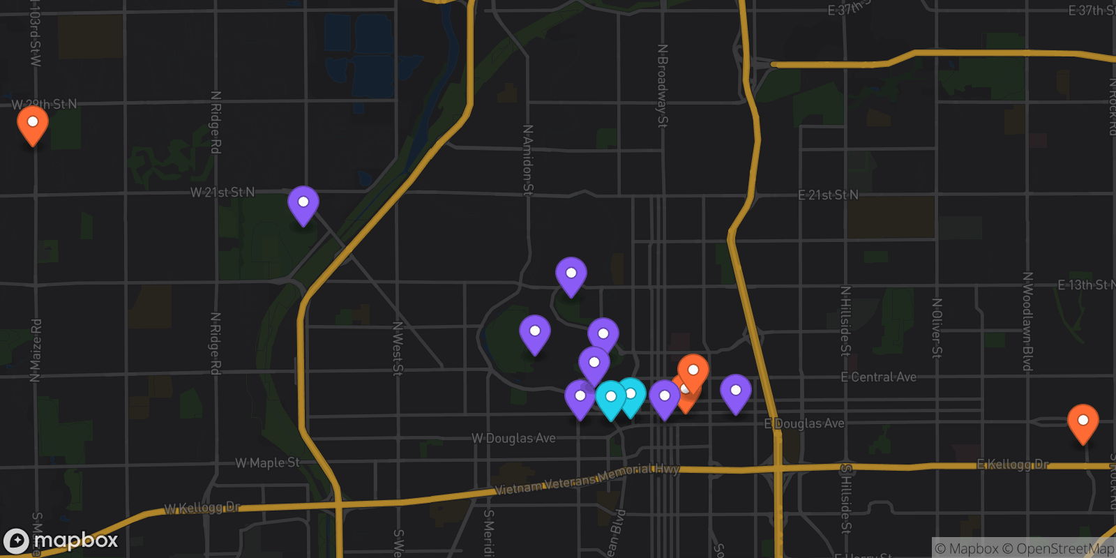 Map showing 14 locations