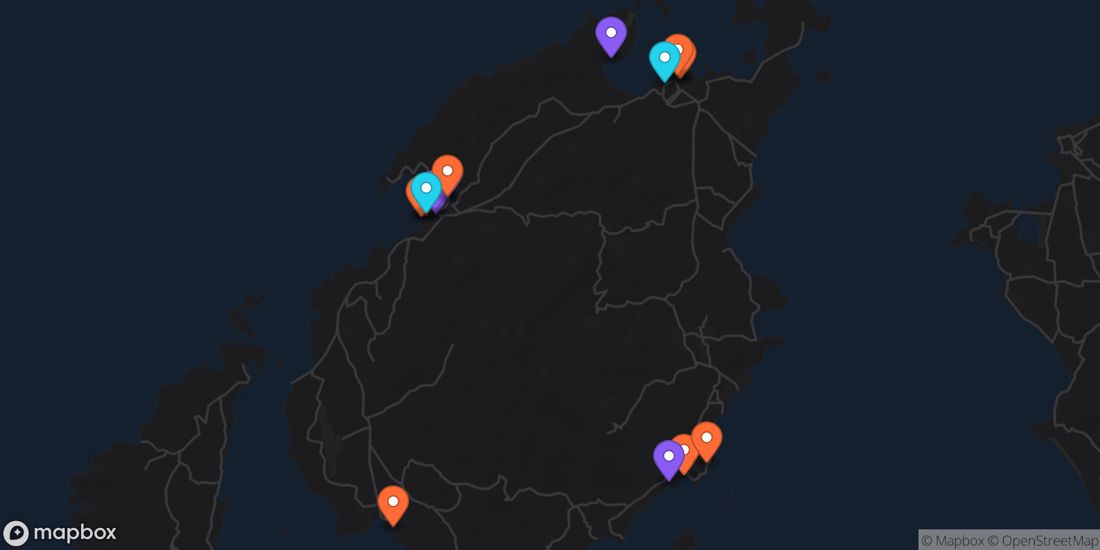 Map showing 16 locations