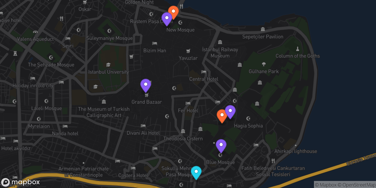 Map showing 7 locations