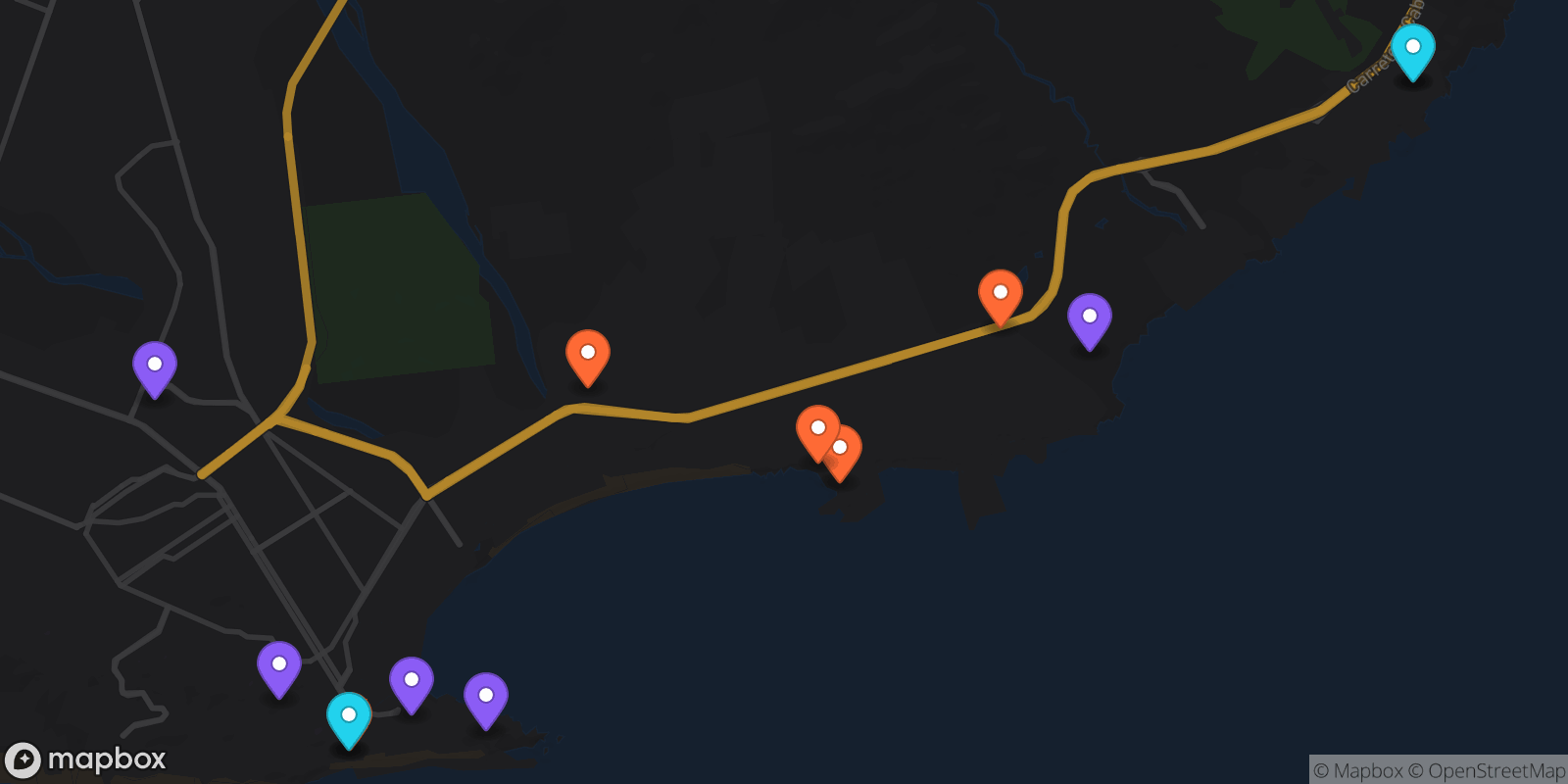 Map showing 13 locations