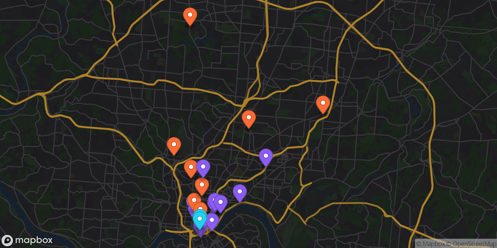 Map showing 21 locations
