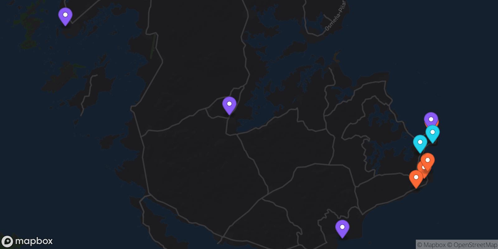Map showing 10 locations