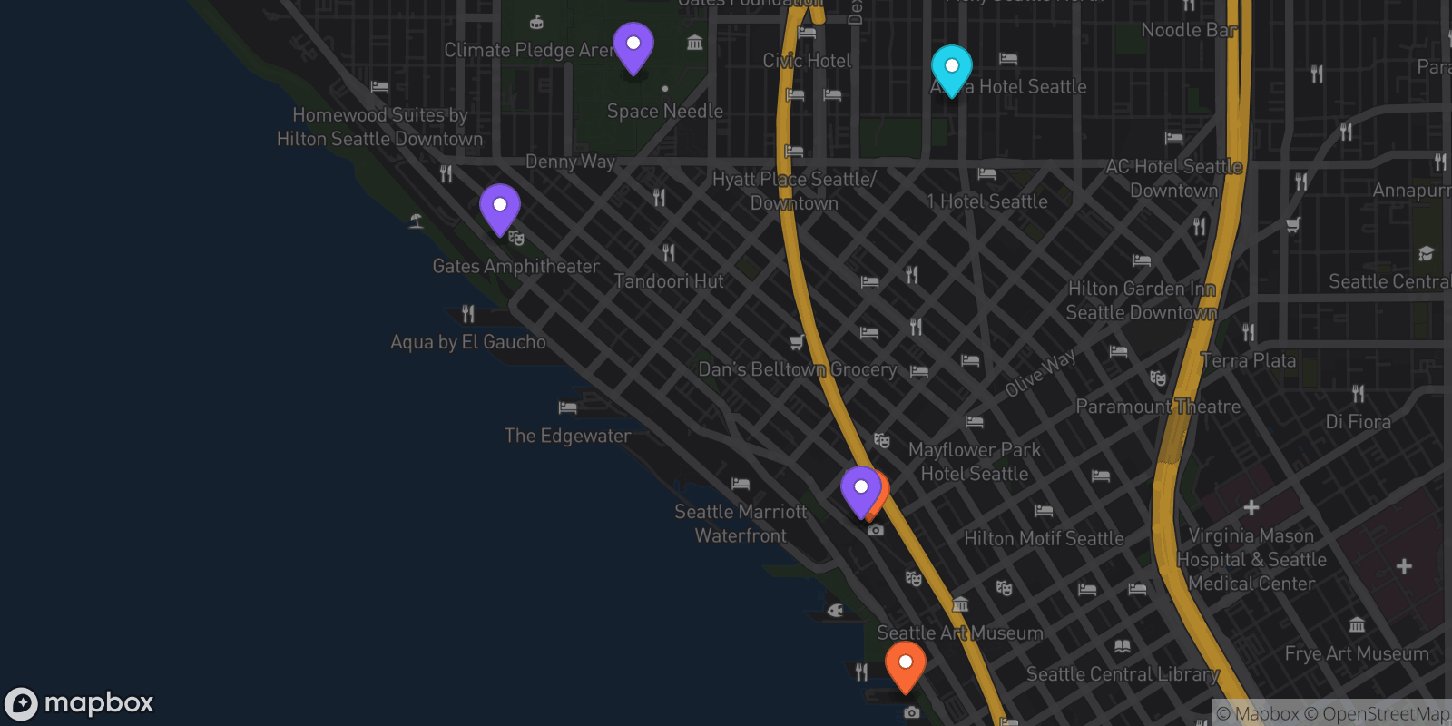 Map showing 6 locations