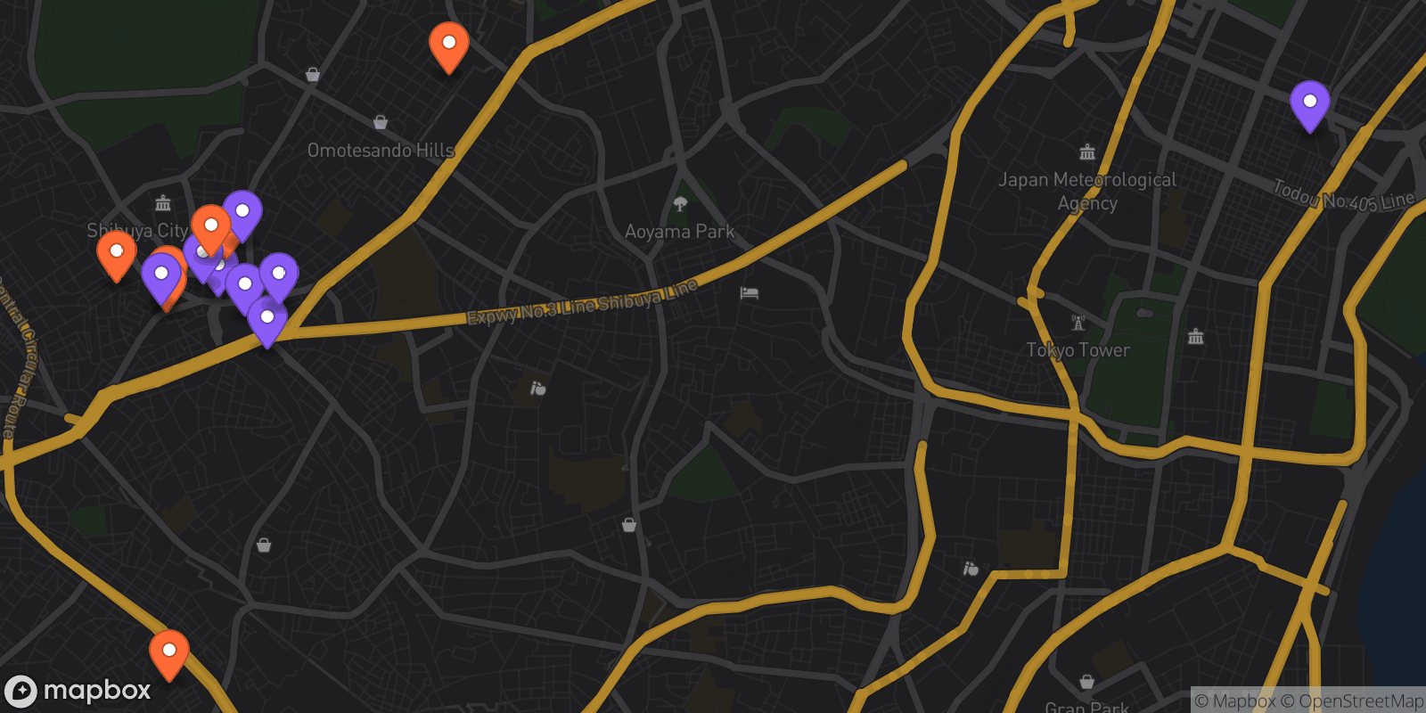 Map showing 15 locations