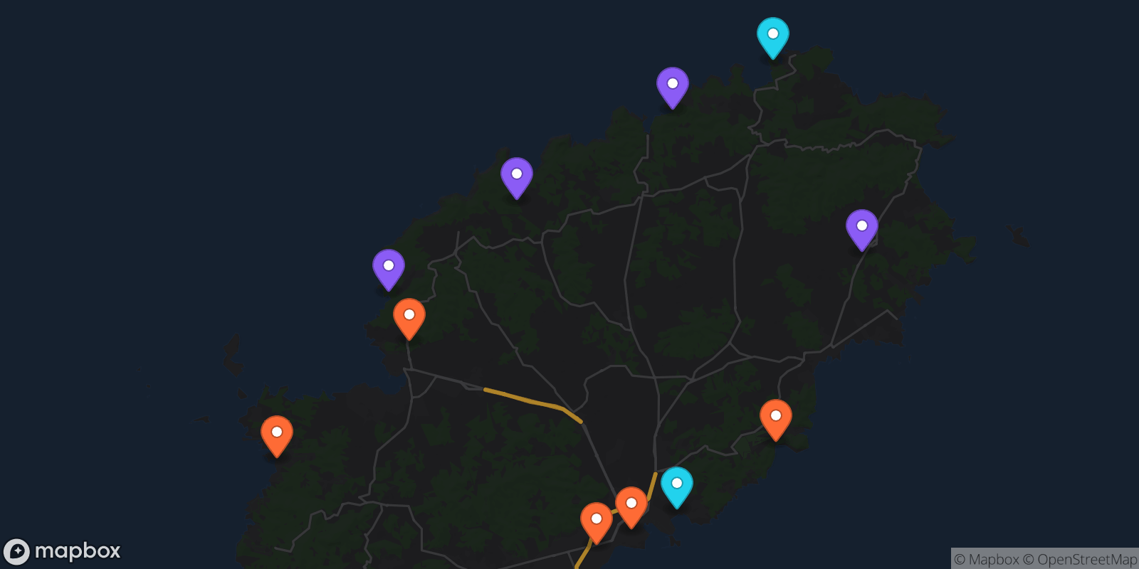 Map showing 11 locations