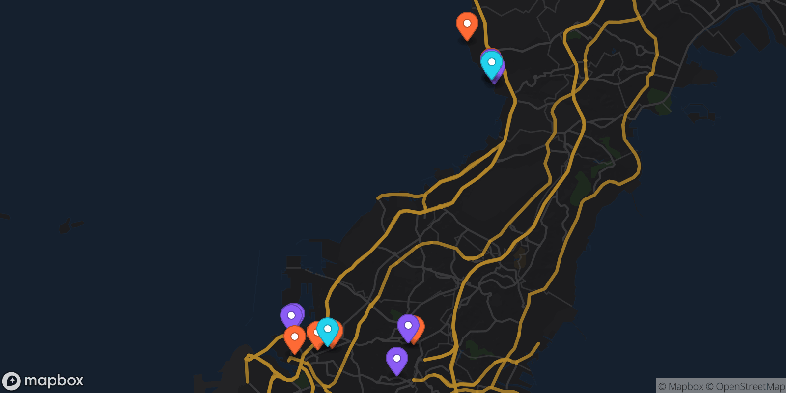 Map showing 14 locations