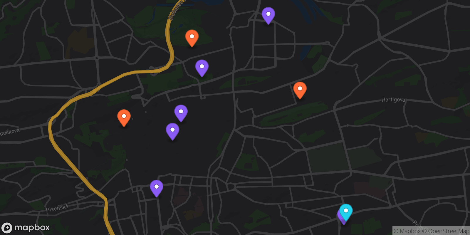 Map showing 10 locations