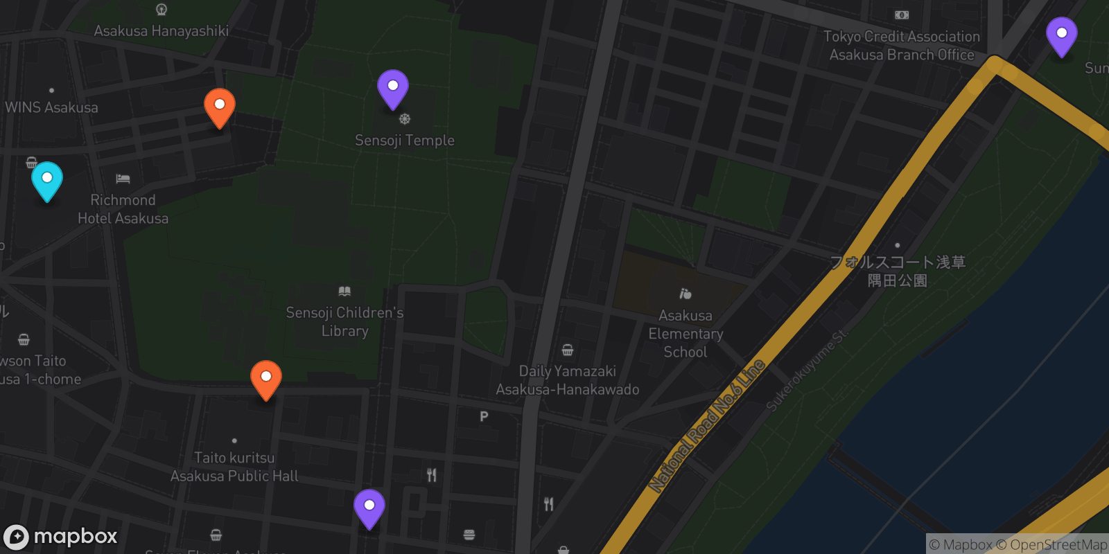 Map showing 6 locations