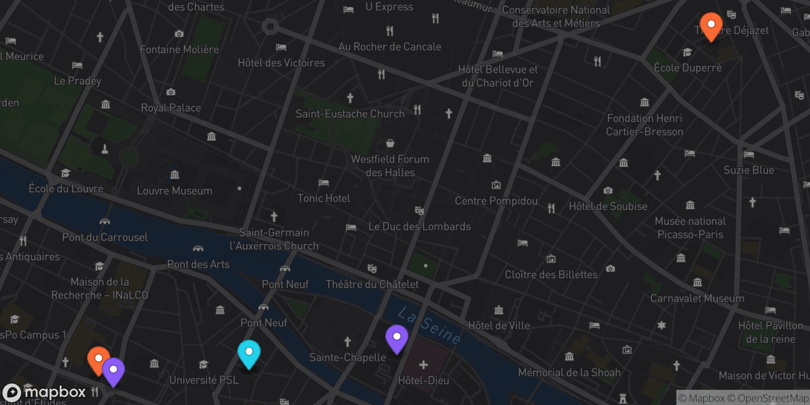 Map showing 6 locations