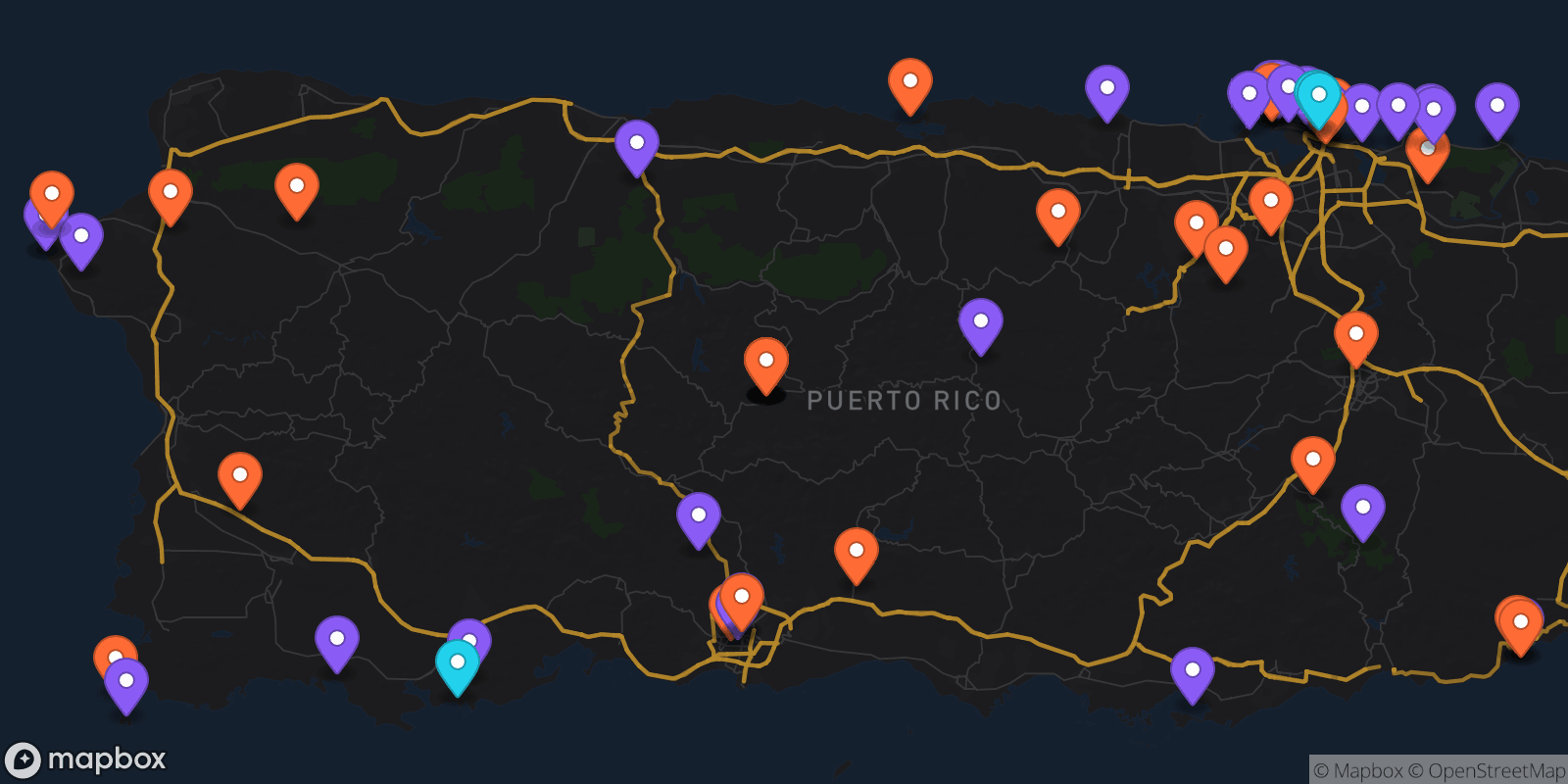 Map showing 65 locations