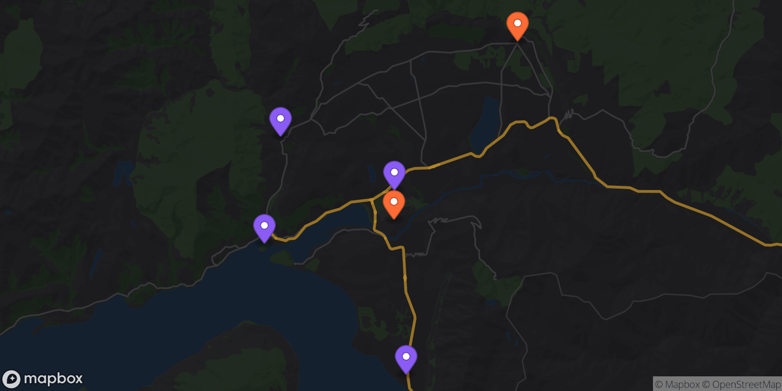 Map showing 6 locations