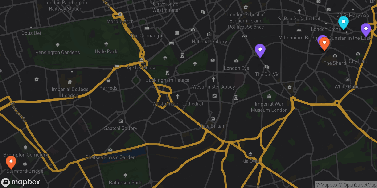 Map showing 6 locations