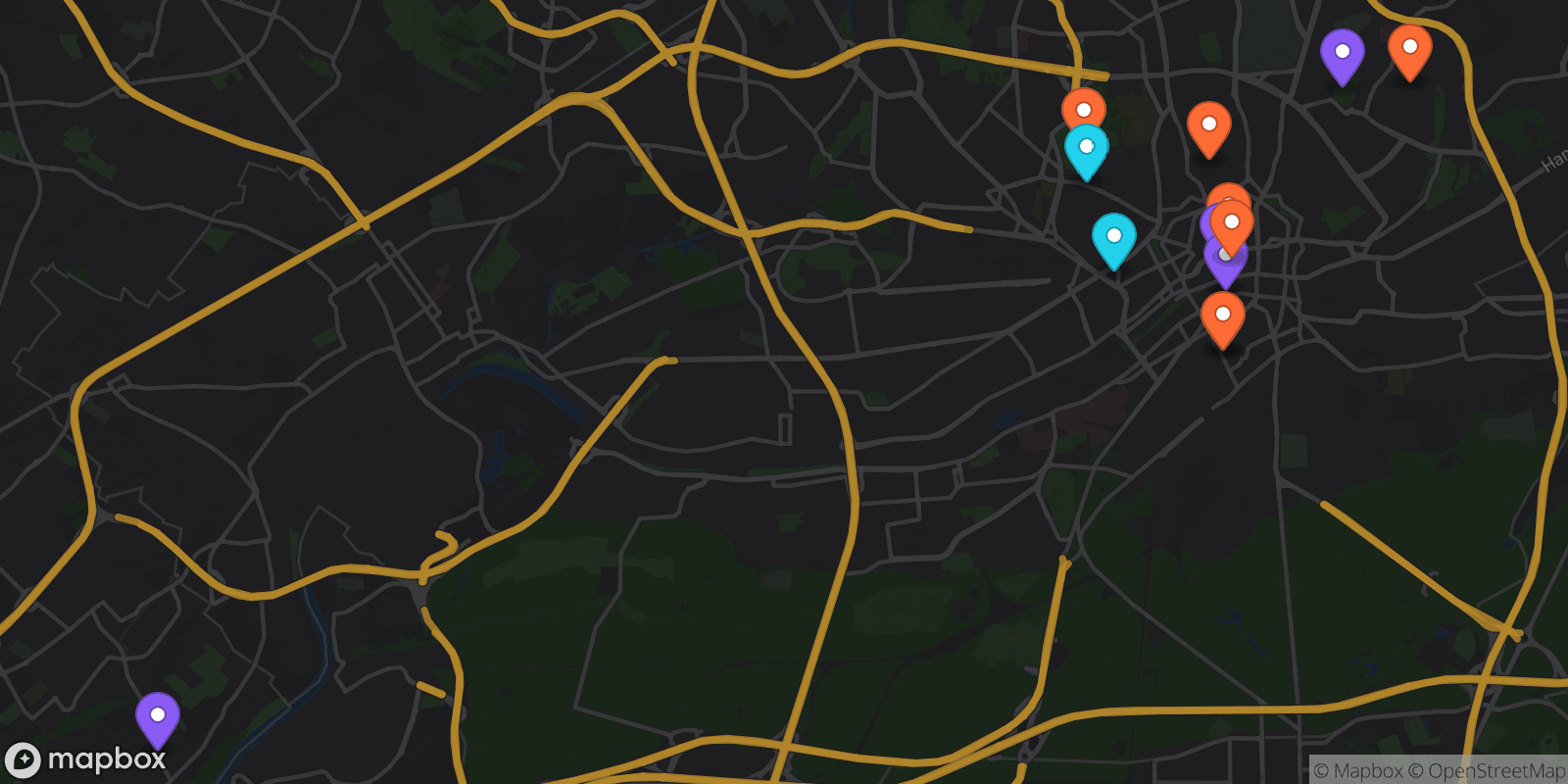 Map showing 14 locations