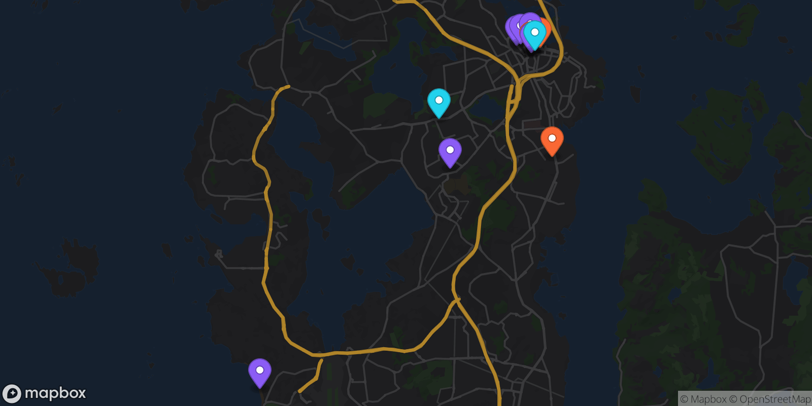 Map showing 13 locations