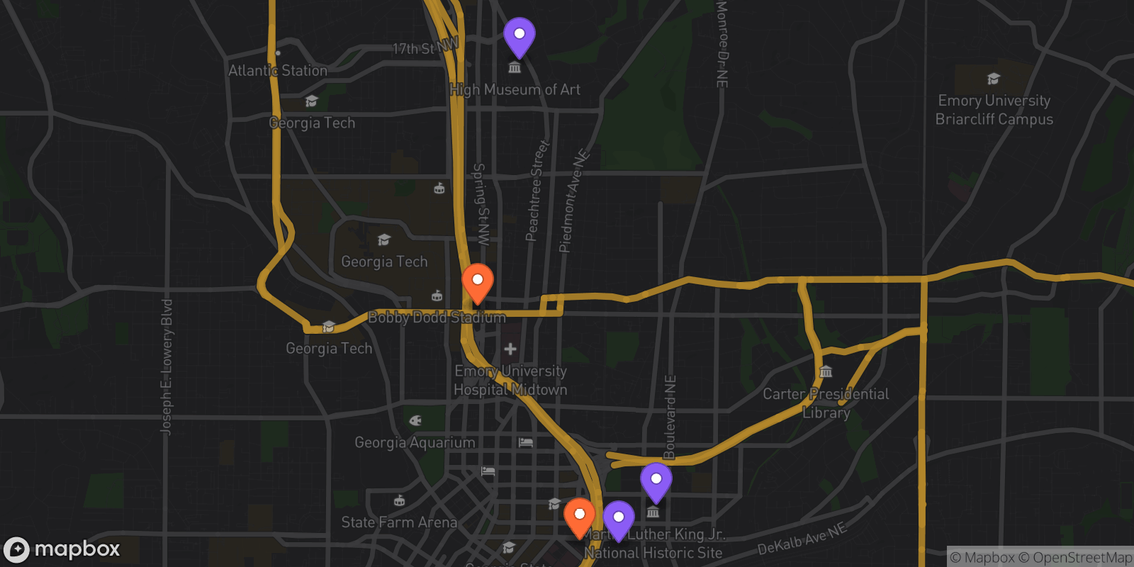 Map showing 5 locations