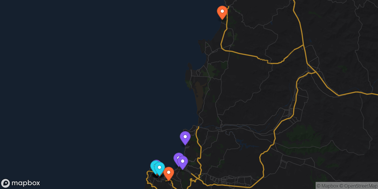 Map showing 18 locations