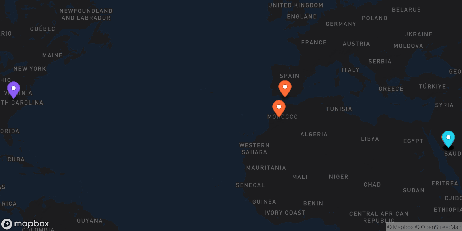 Map showing 13 locations