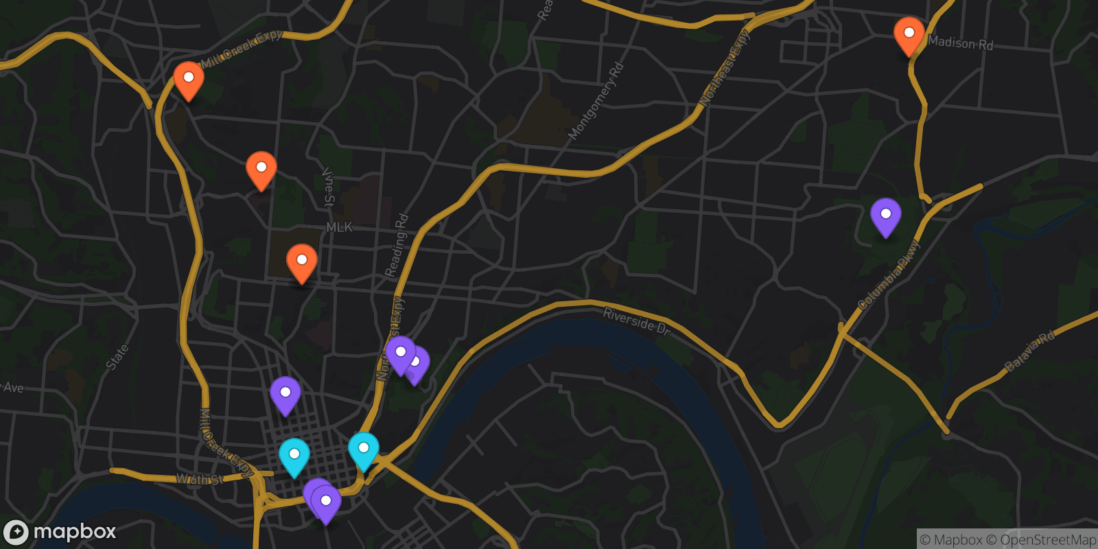 Map showing 13 locations