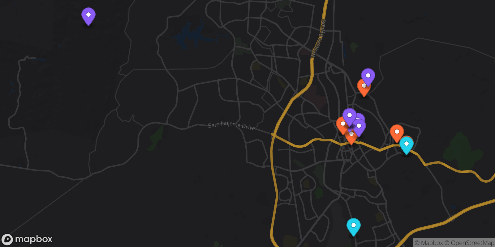 Map showing 16 locations