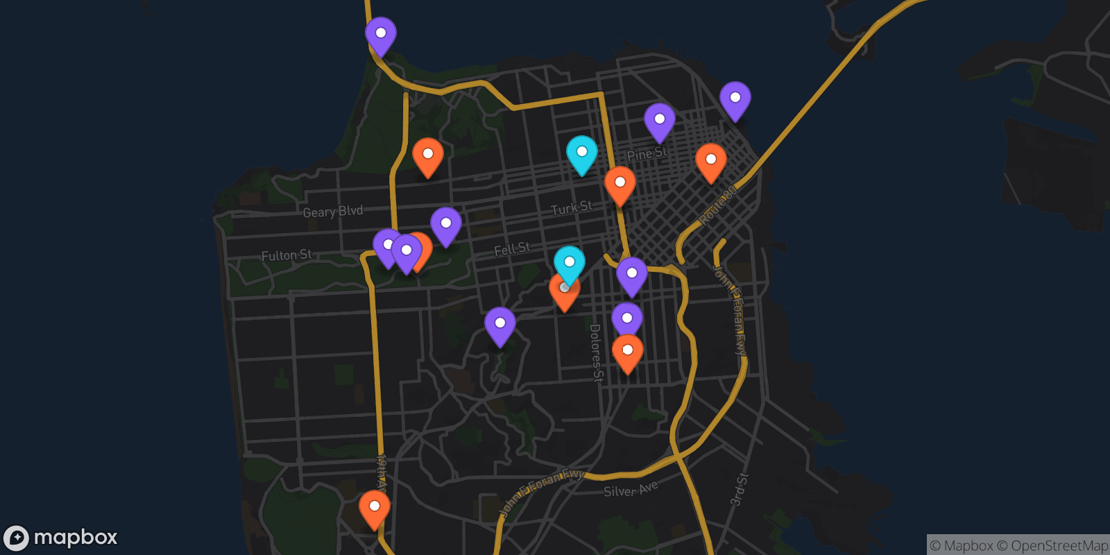 Map showing 19 locations
