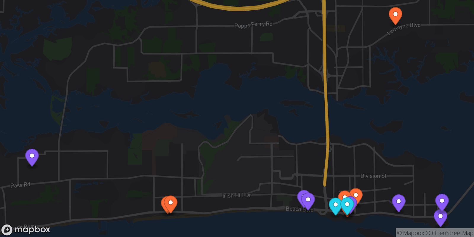 Map showing 16 locations