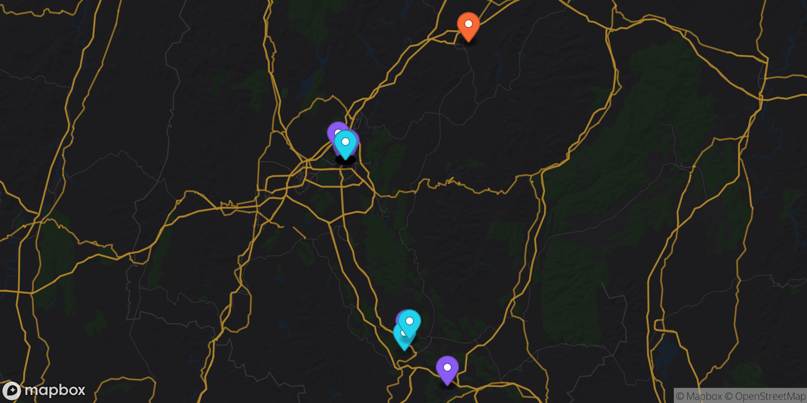 Map showing 43 locations