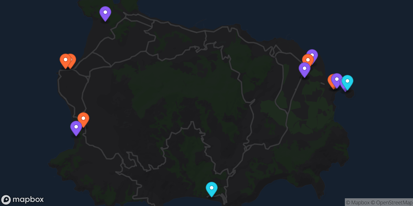 Map showing 15 locations