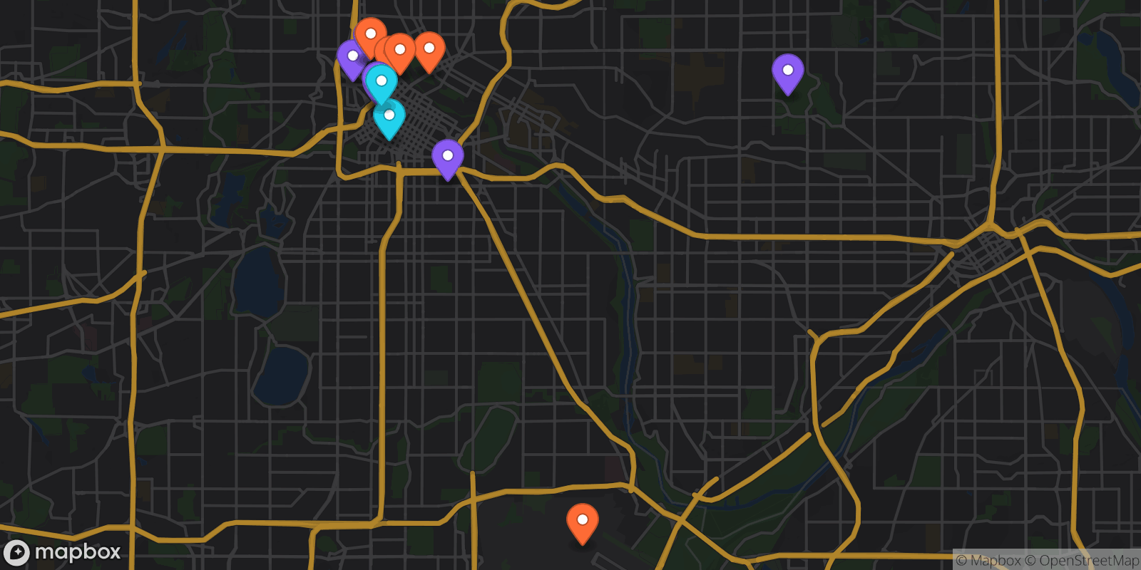 Map showing 13 locations