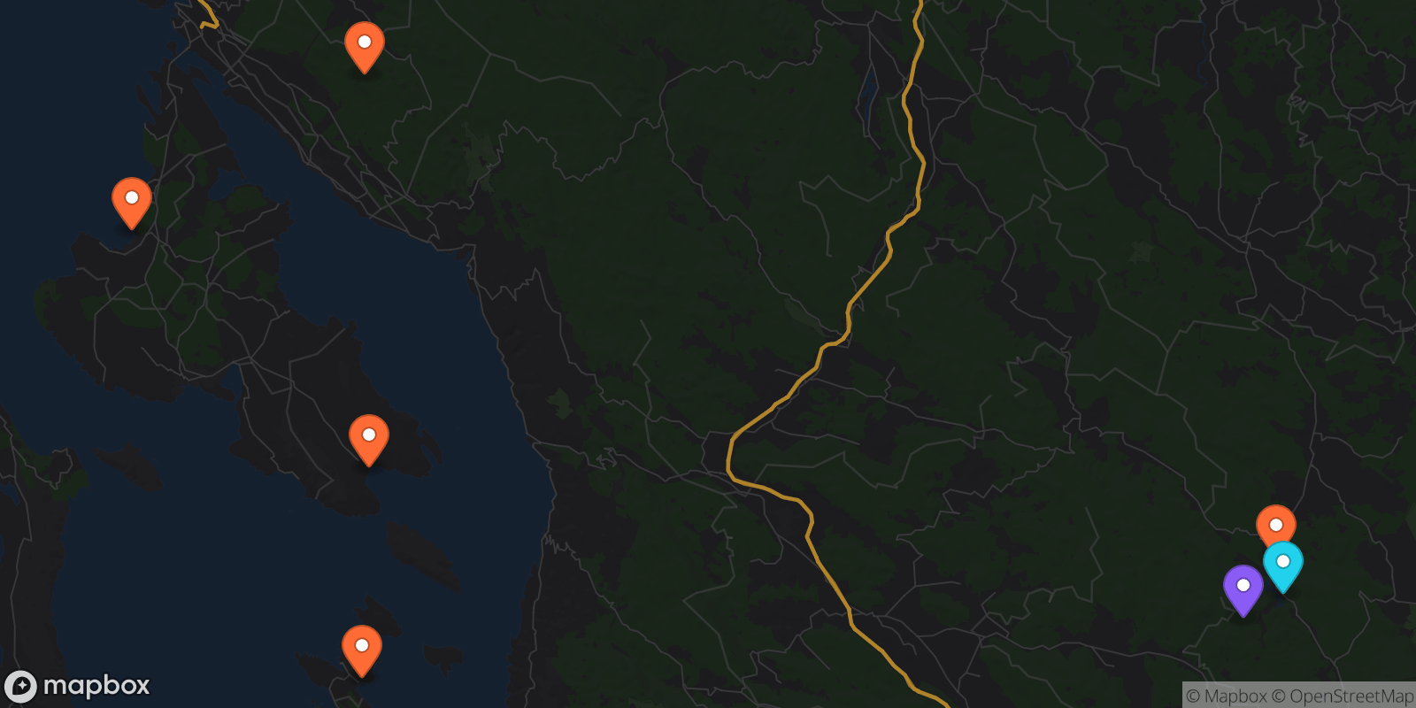 Map showing 7 locations