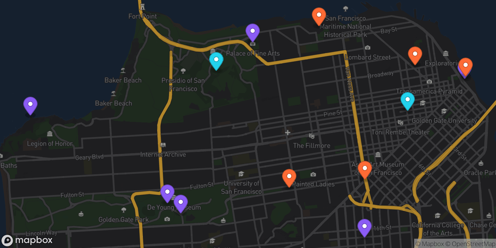 Map showing 13 locations