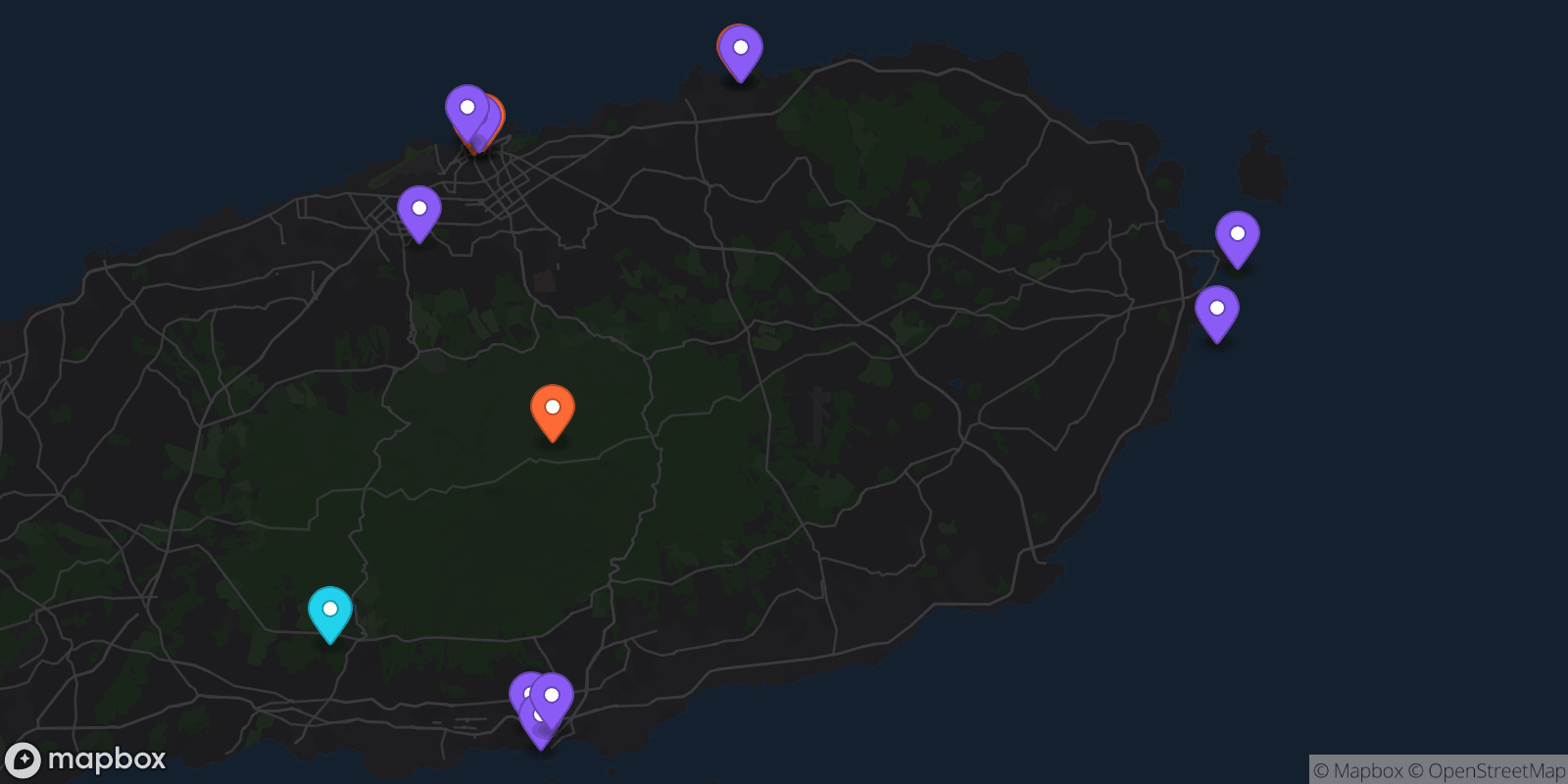 Map showing 14 locations