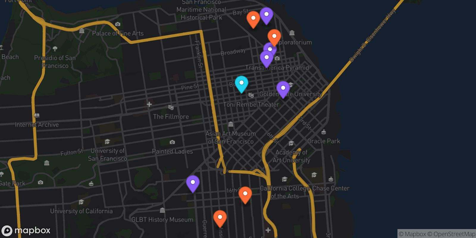 Map showing 10 locations