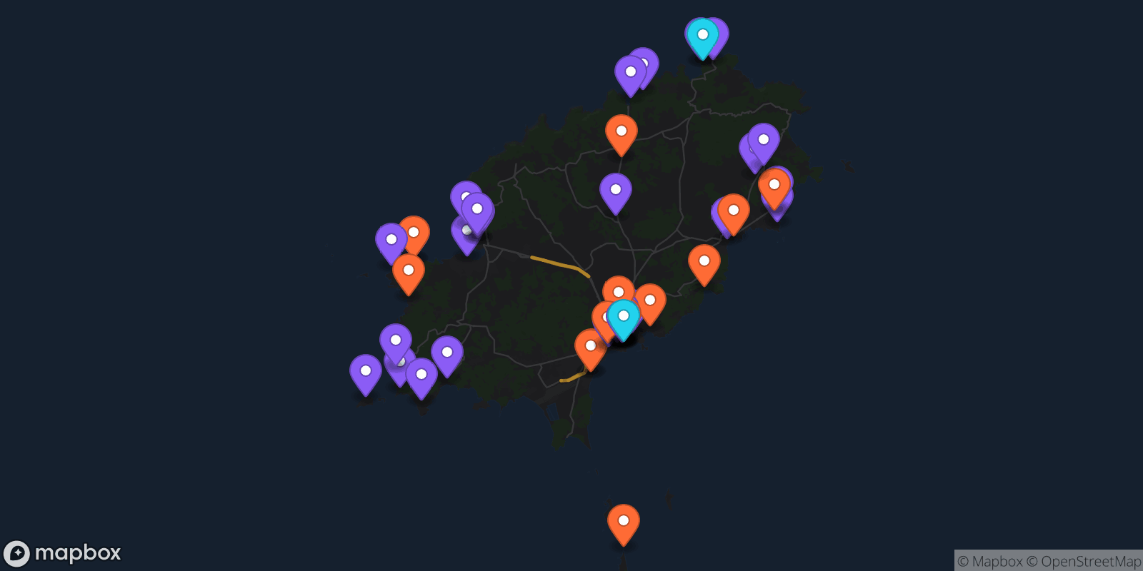 Map showing 53 locations