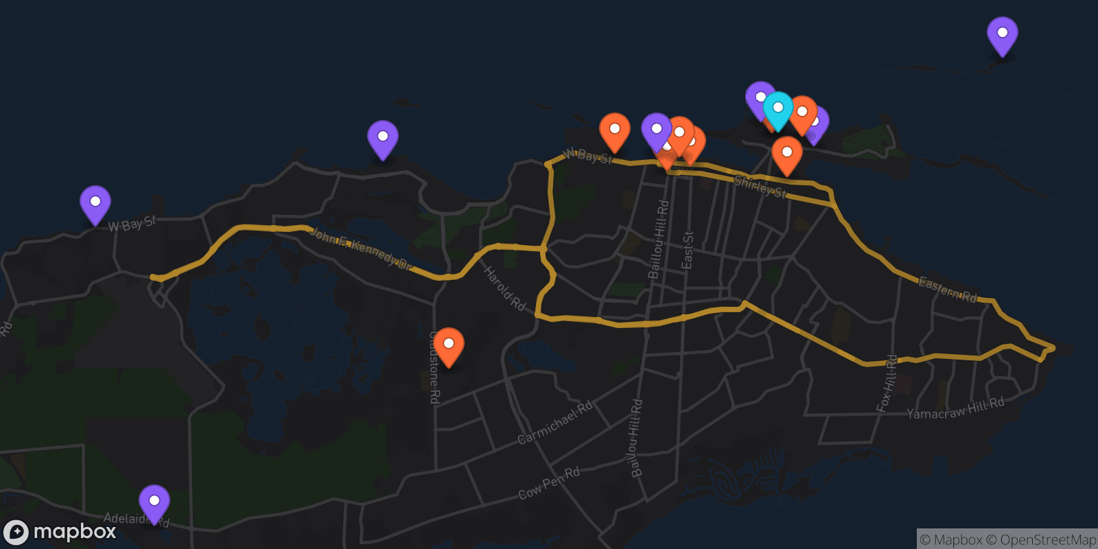 Map showing 16 locations