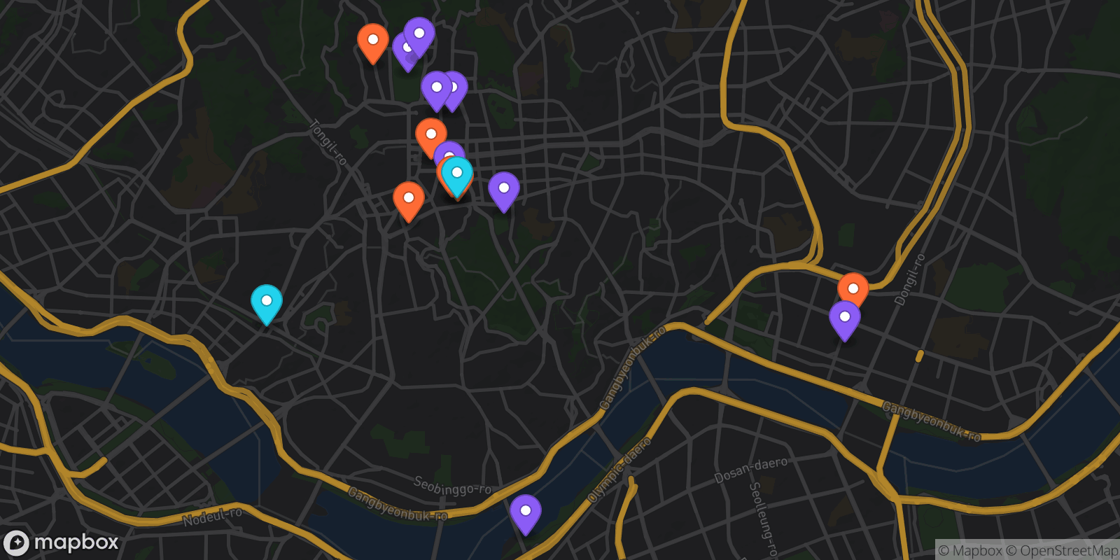 Map showing 16 locations
