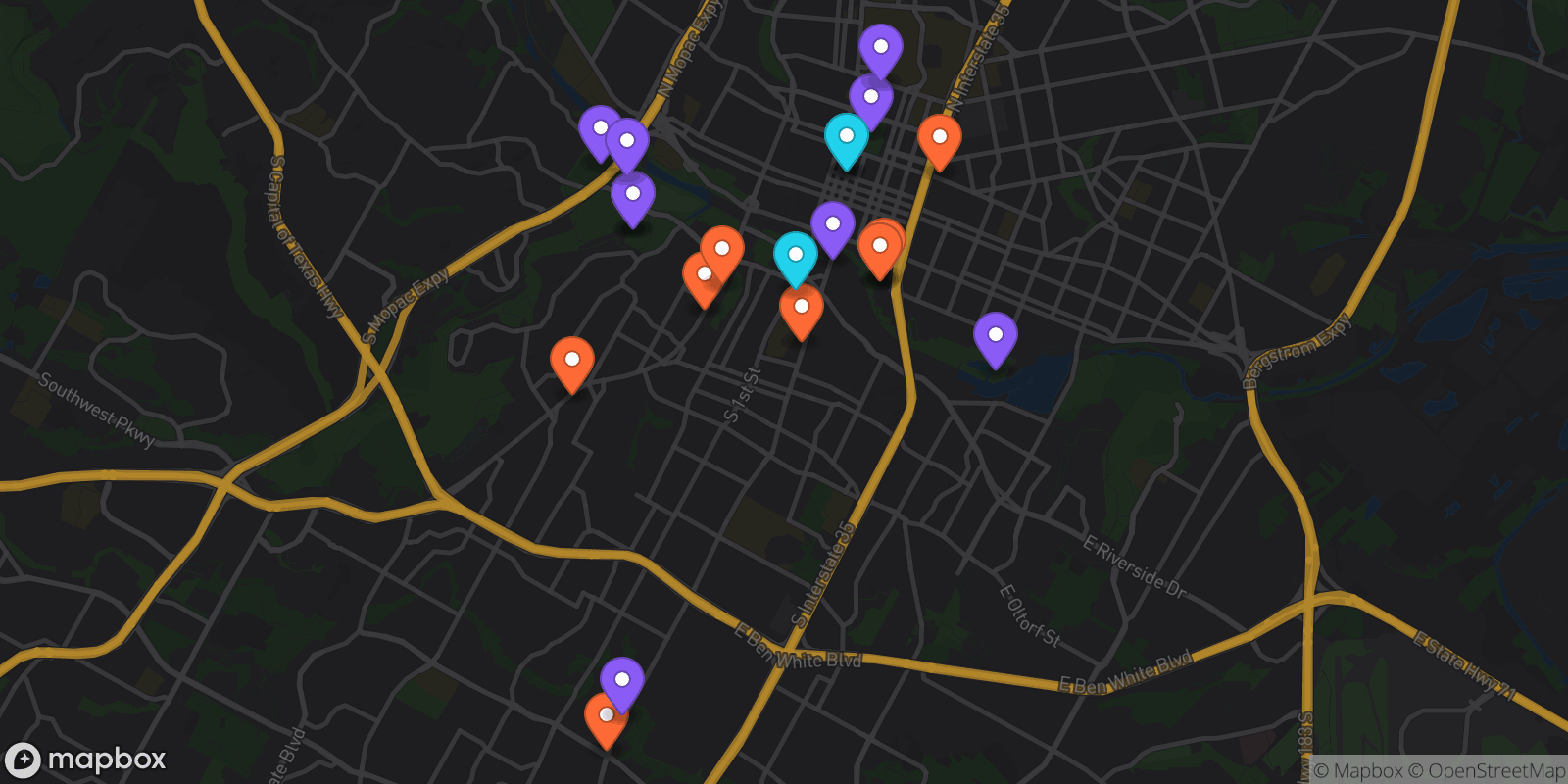 Map showing 21 locations