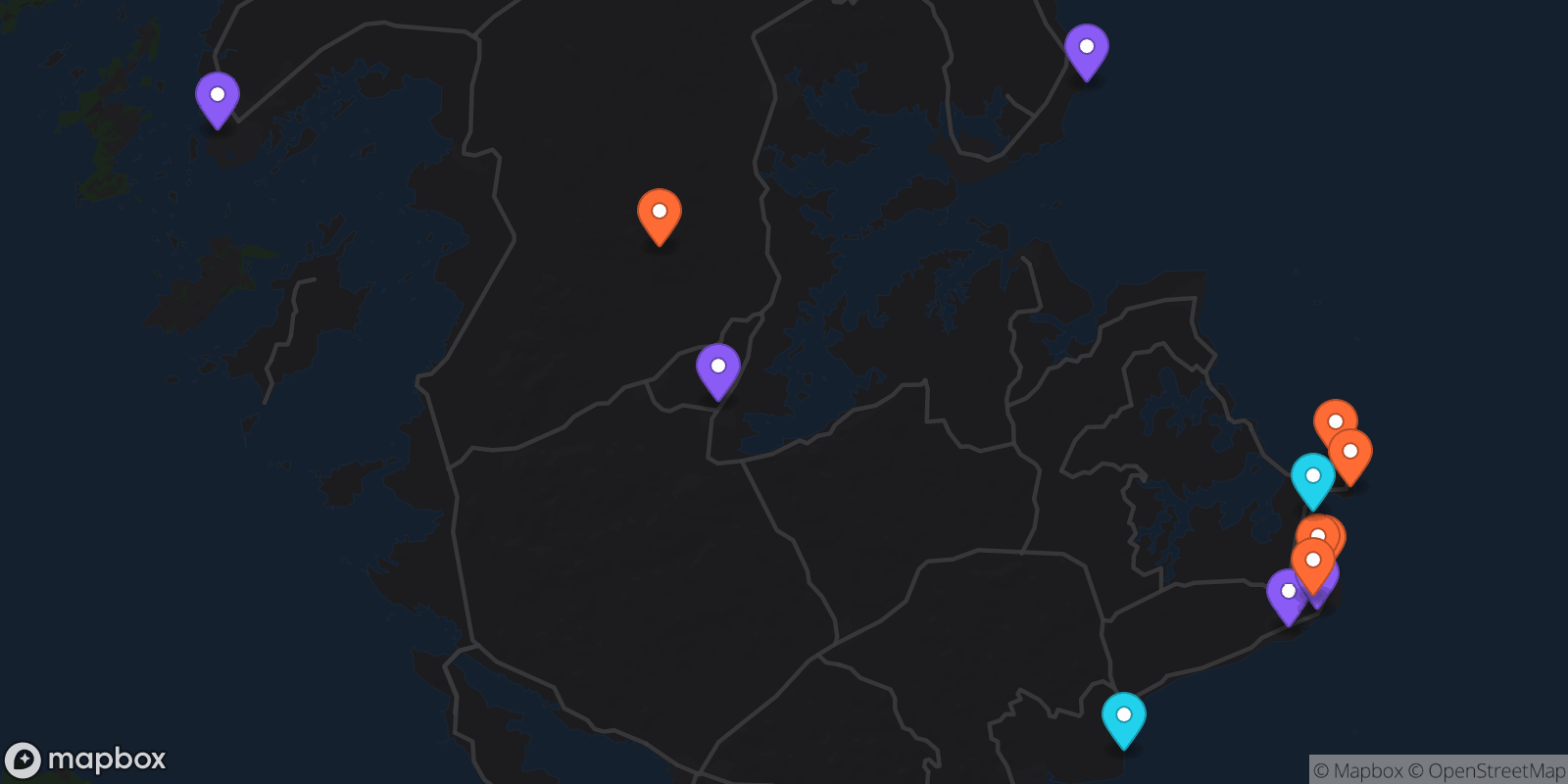 Map showing 13 locations