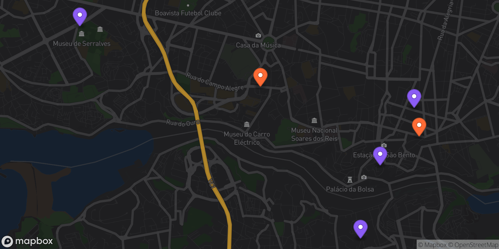 Map showing 6 locations