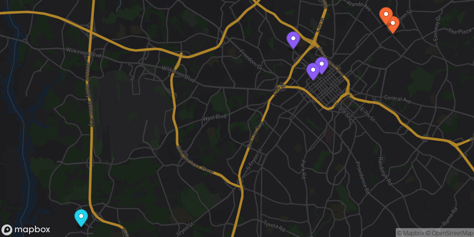 Map showing 6 locations