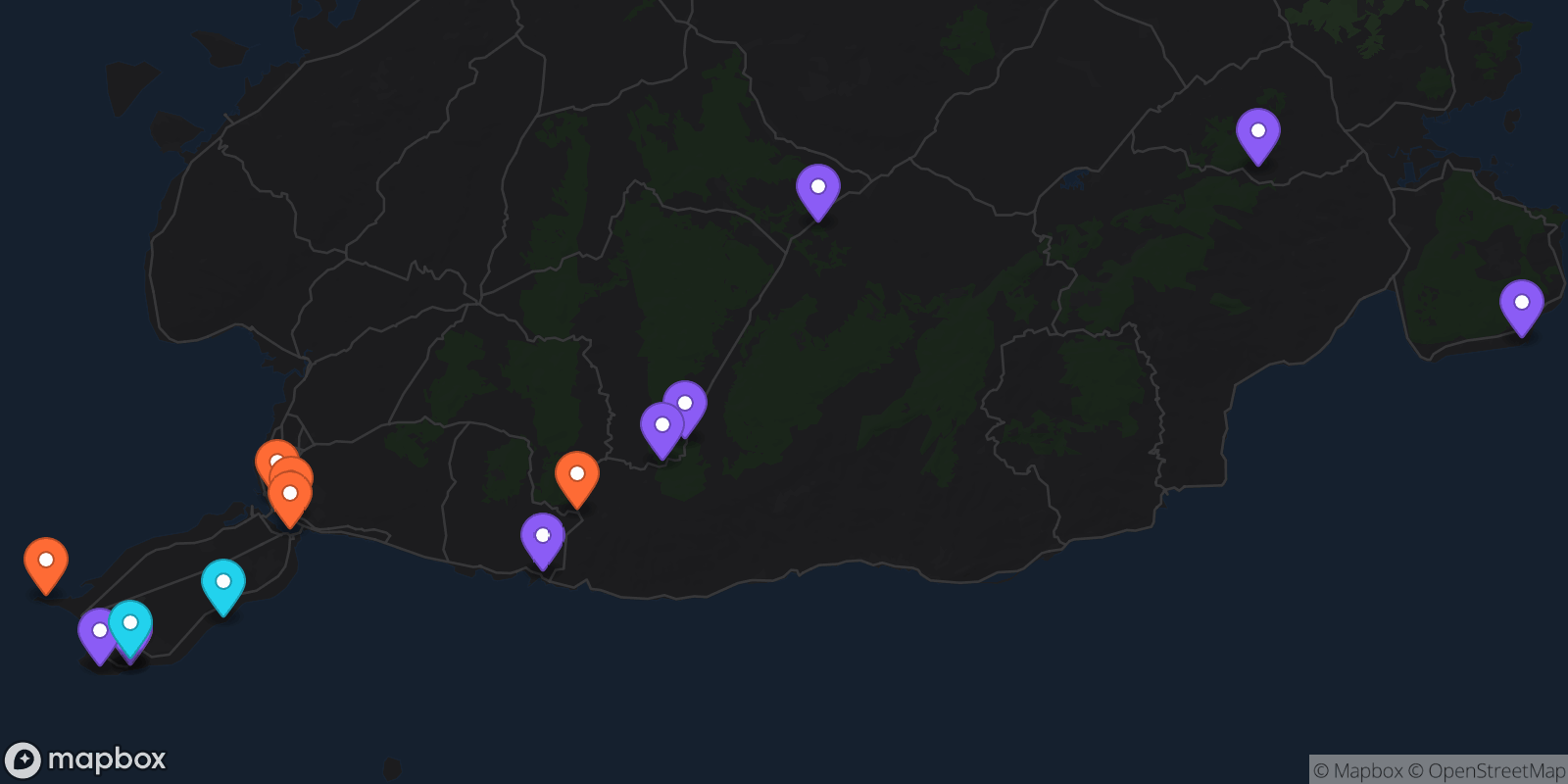 Map showing 16 locations