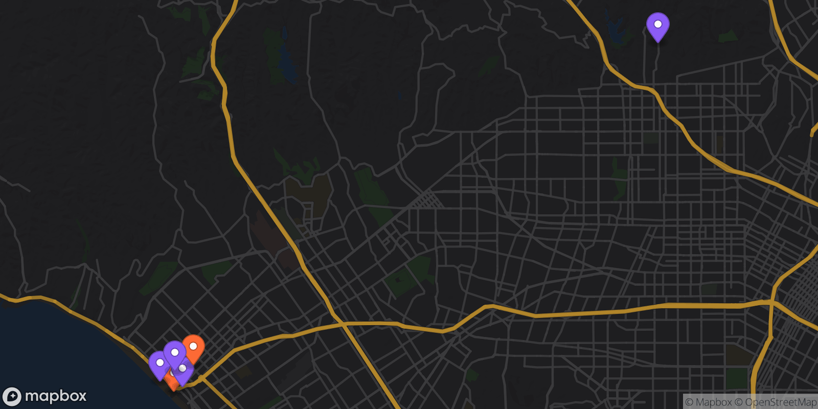 Map showing 6 locations