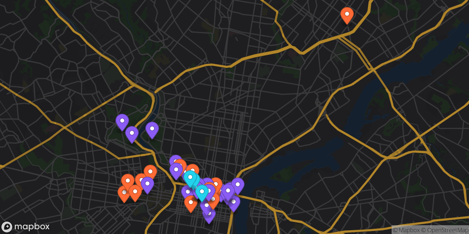 Map showing 43 locations