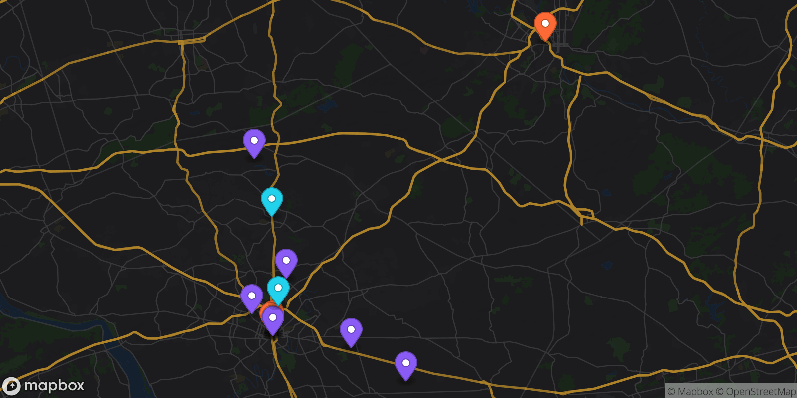 Map showing 14 locations