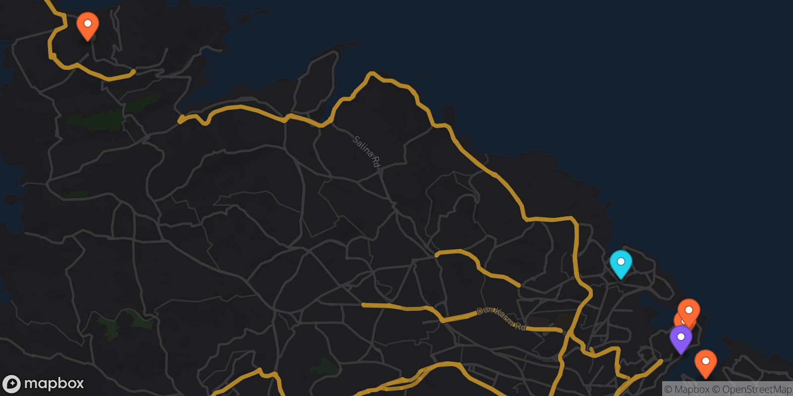 Map showing 6 locations
