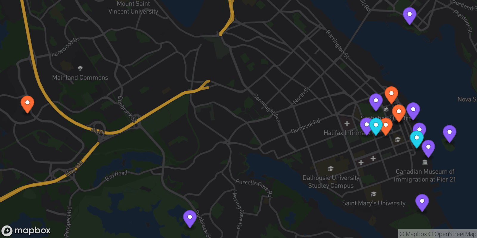 Map showing 16 locations