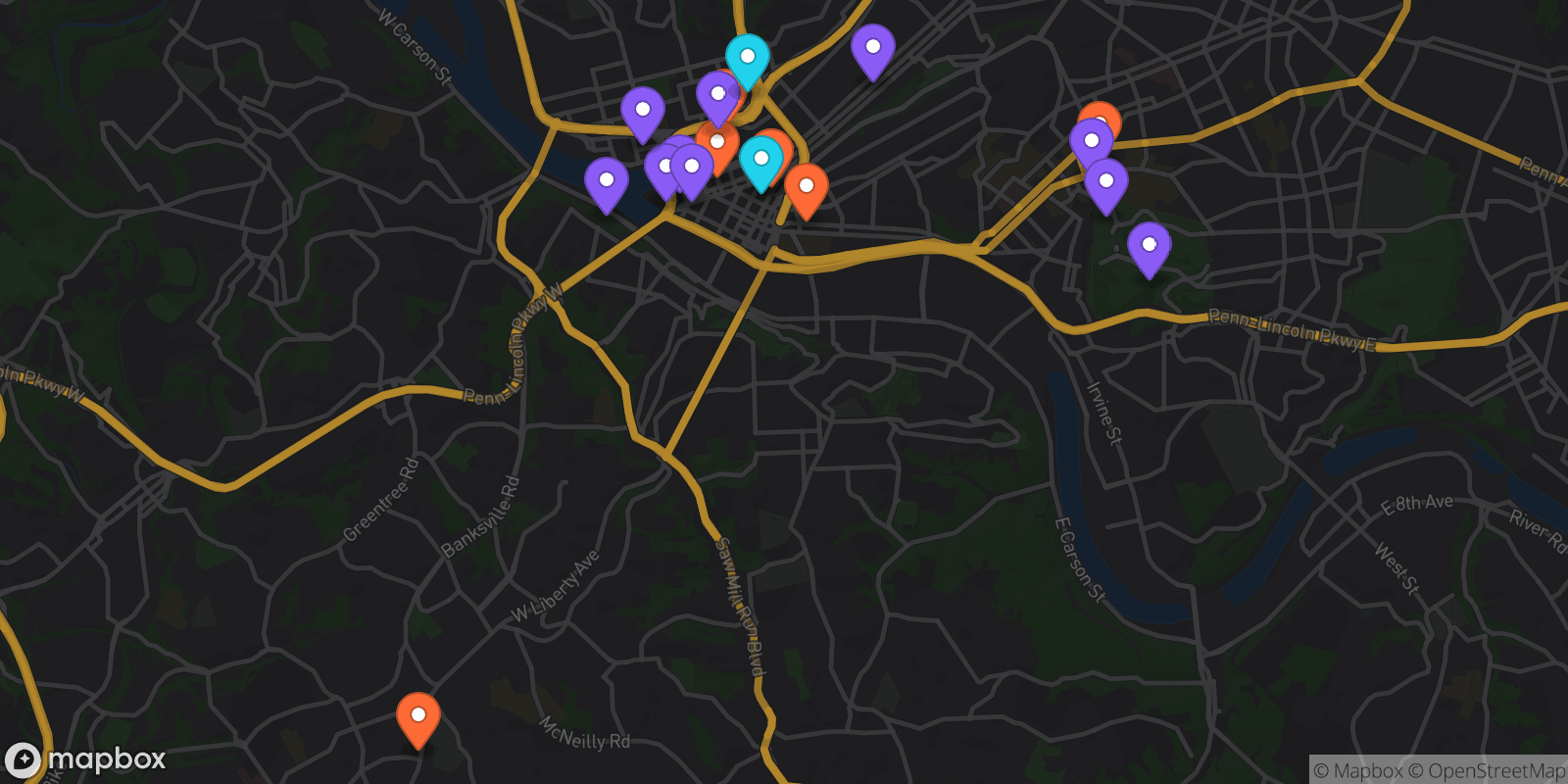 Map showing 19 locations