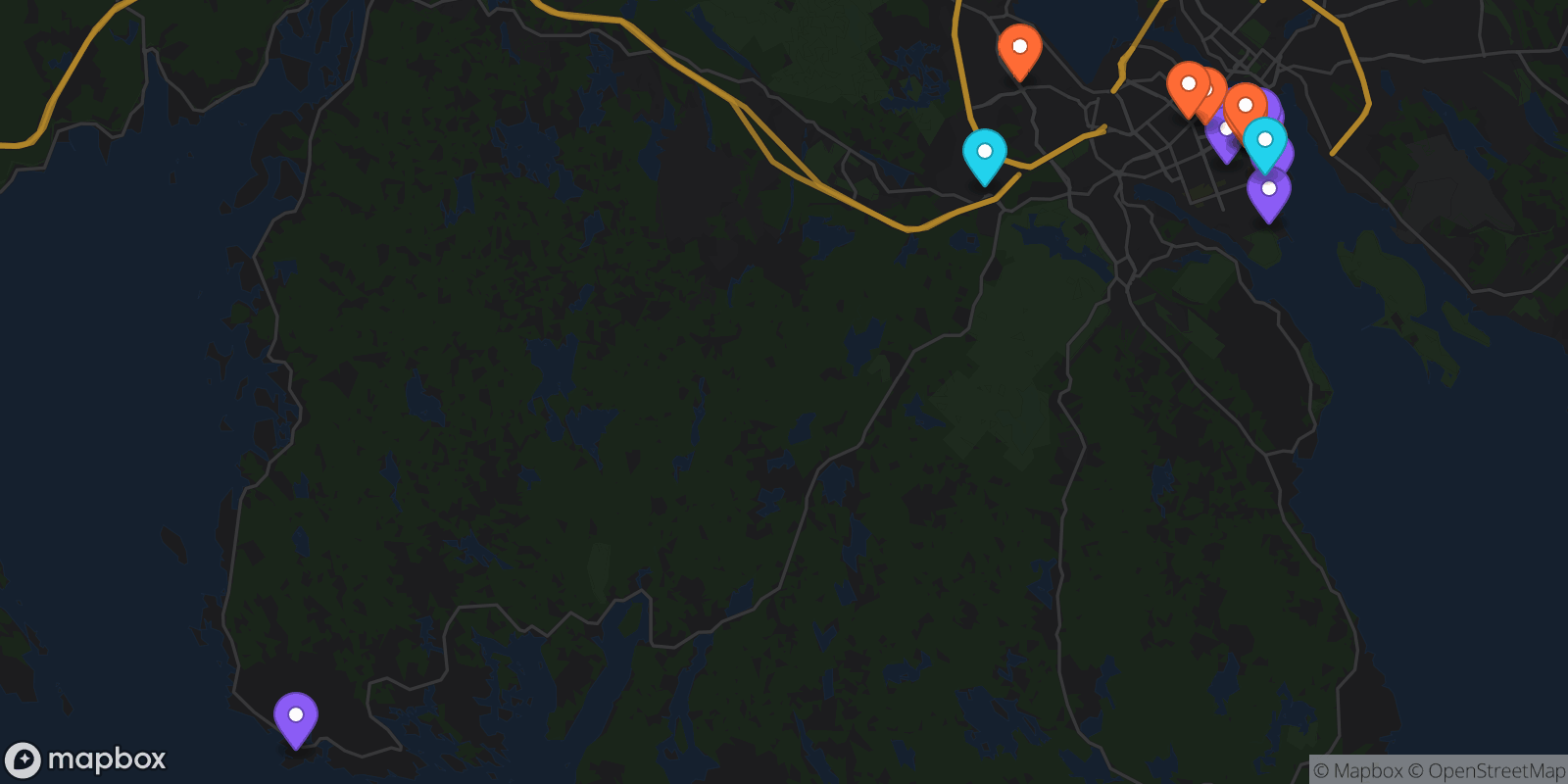 Map showing 16 locations